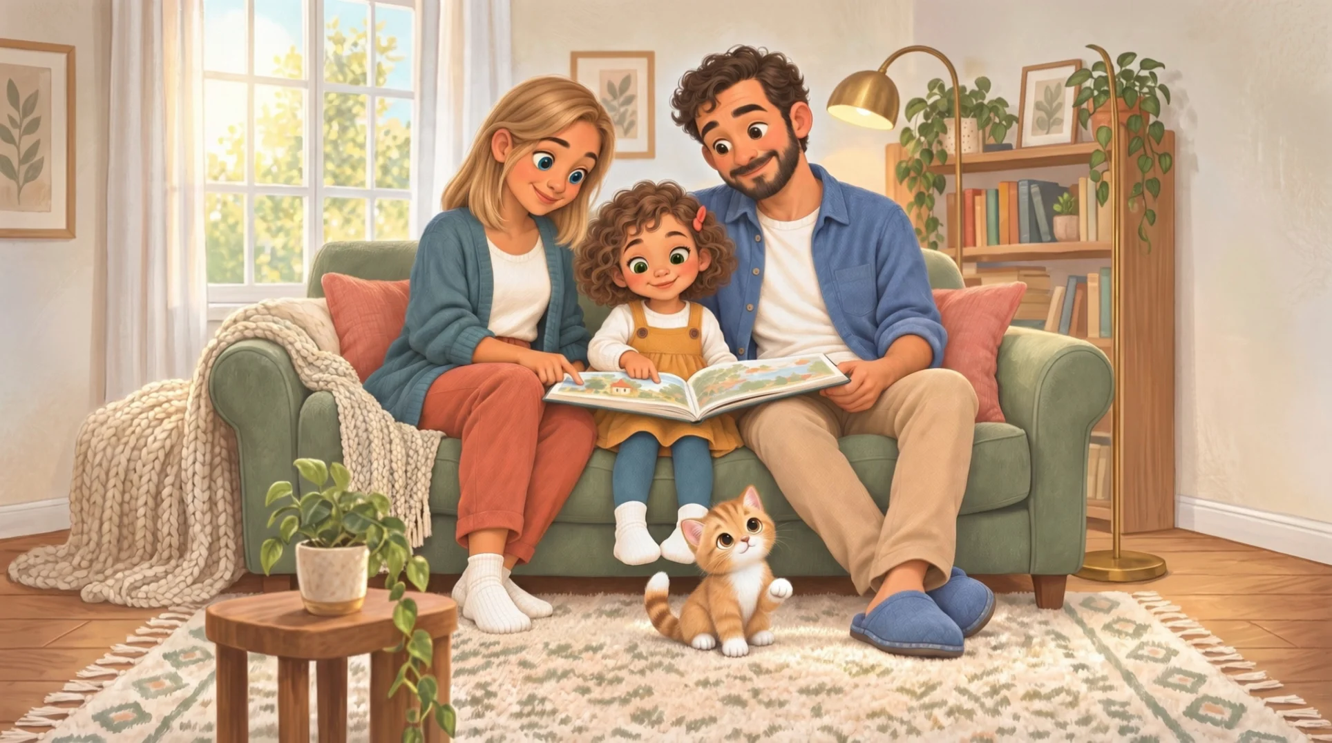 Eine Familie liest mit Amor ein Buch