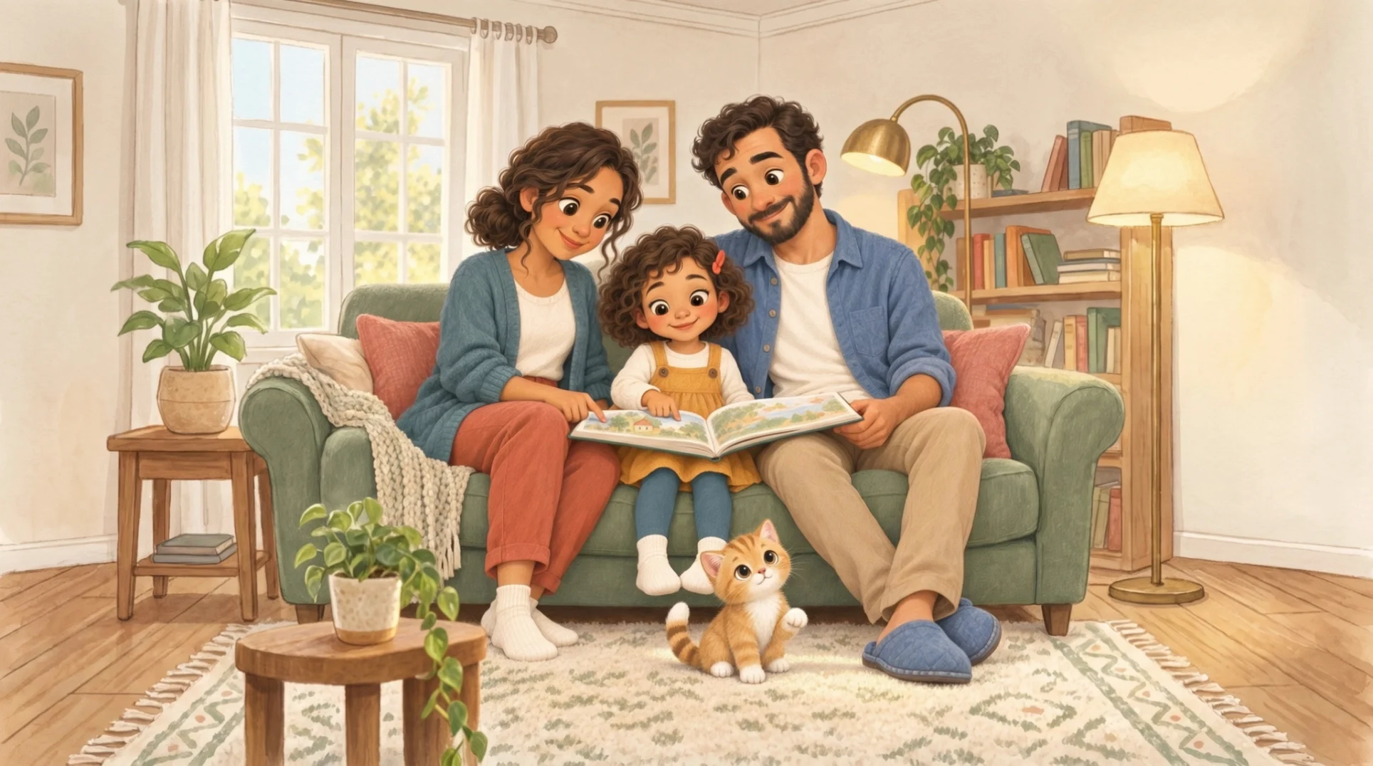 A family sharing a book with Amor