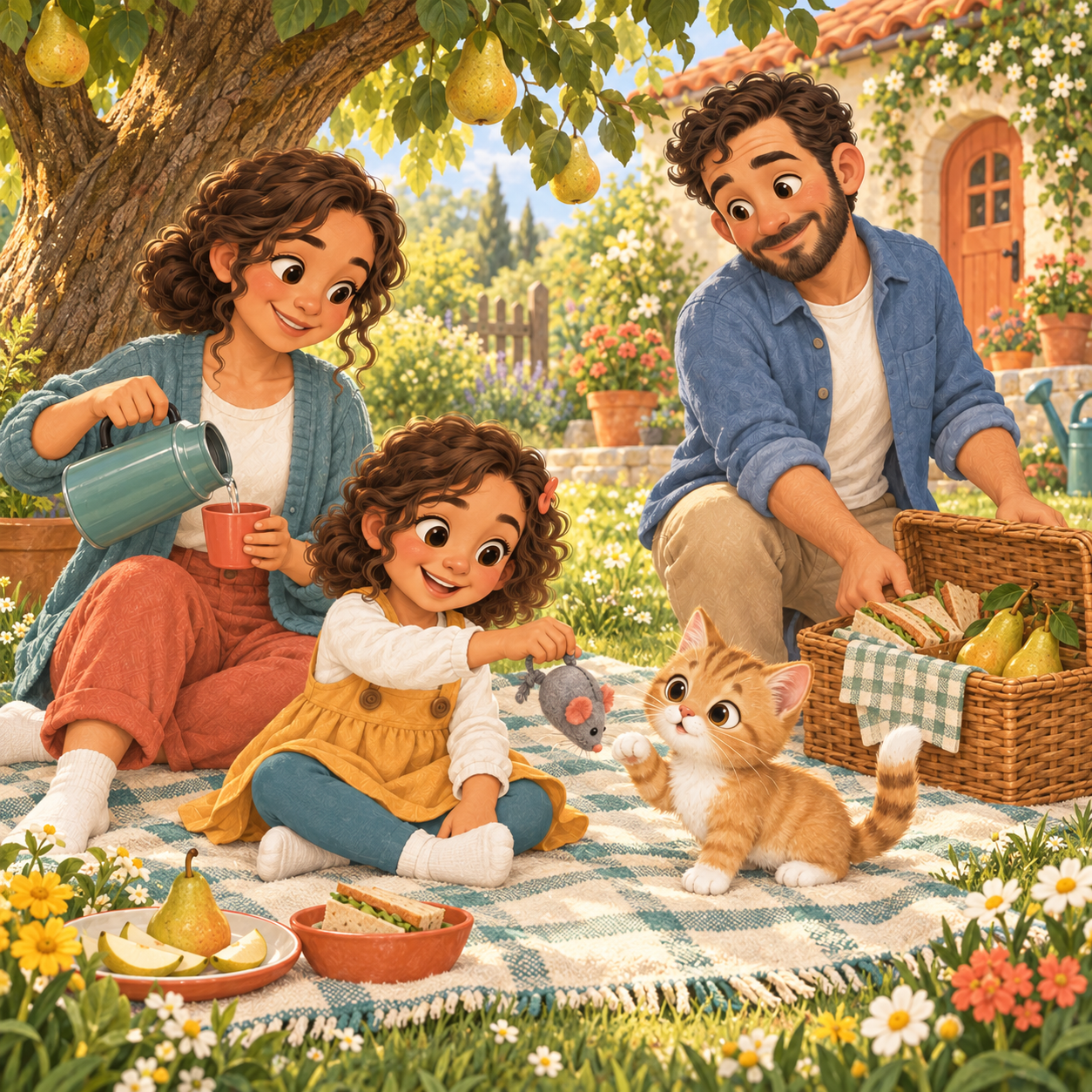 Lina, Sara, Daniel and Amor at a garden picnic