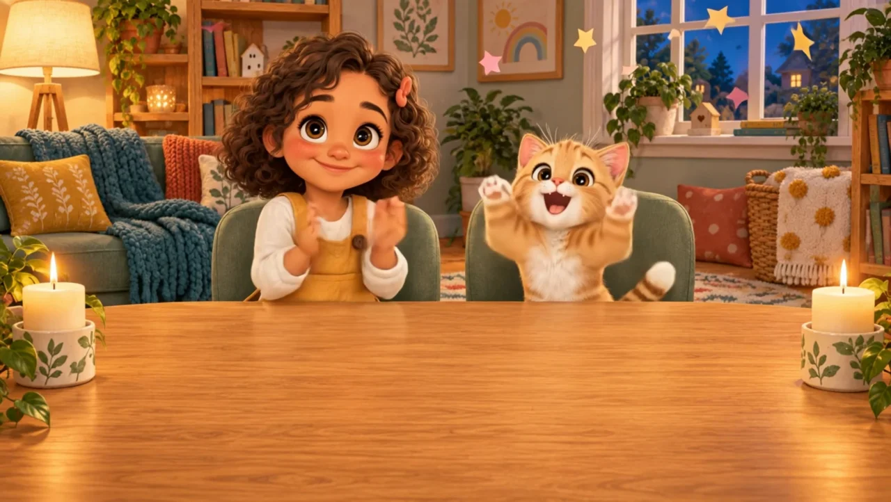 Lina clapping and Amor raising his paws to cheer for the winner